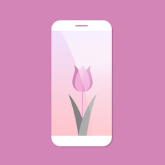 Modern tulip in flat design on a premium smartphone screen. Illustration for flowers shops, mother's day or gift cards