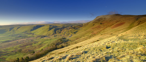 Spring Sunrise on Mam Tor overlooking Edale and the Hope Valley after a clear night with a light...