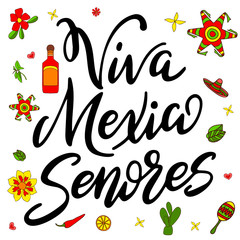 Mexican card with bright lettering. Modern calligraphy text with decorative elements. Vector illustration.