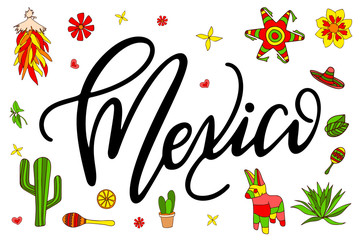 Traditional mexican phrase. Hand drawn lettering design. Vector bright typographic illustration.