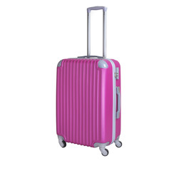 Crimson suitcase isolated on white background. Polycarbonate suitcase isolated on white. Crimson suitcase.