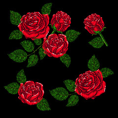 Embroidery pattern texture, wallpaper, background with beautiful roses. Vector floral ornament on black background. Template for printing, textiles, design. Patch, badge sticker
