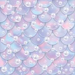 Fish scales and pearls seamless pattern. Mermaid tail texture. Vector illustration