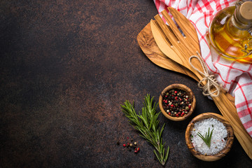 Food background with cooking utensils,  spices and herbs top vie