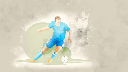 Creative abstract soccer player. Soccer Player Kicking Ball. Watercolor background. Retro style