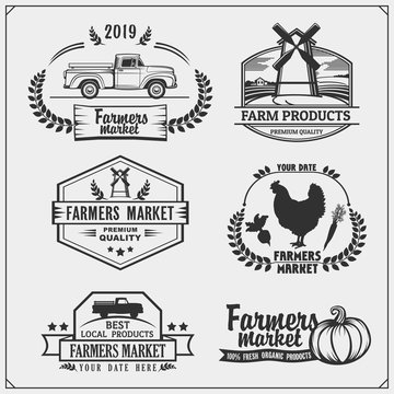Set of farmers market emblems, logos and labels. Vector illustration.