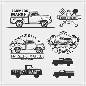 Set of farmers market emblems, logos and labels with pickup. Vector illustration.