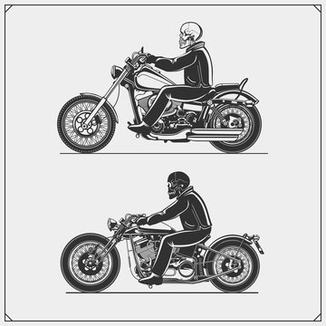Set of motorcycles. Emblems of bikers club. Vintage style. Monochrome design.