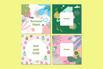 Summer Color Vector Abstract Covers Templates, Tropical Graphic Poster with Pastel Trendy Patterns, Organic Painted Stroke Textures, Hipster Backgrounds, Brochures, Album Covers and Banners