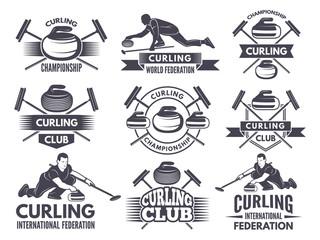 Monochrome badges of curling. Labels for sport teams - obrazy, fototapety, plakaty