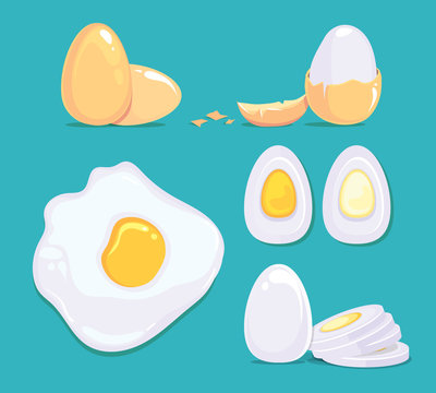 Raw And Cooked Eggs In Different Conditions. Vector Cartoon Pictures