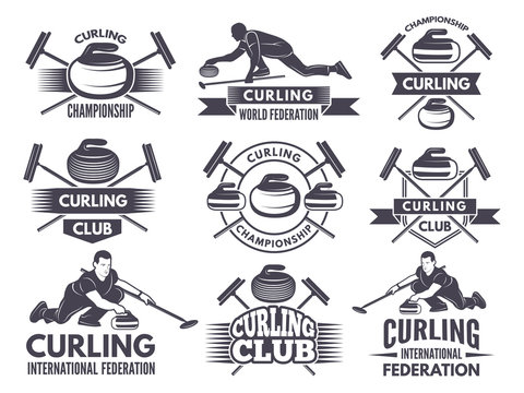 Monochrome badges of curling. Labels for sport teams