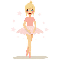 Cute blonde young teenager girl ballerina wearing pink tutu and dancing