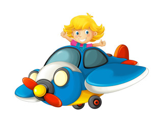 cartoon happy scene with kid in toy traditional plane with propeller flying - illustration for children