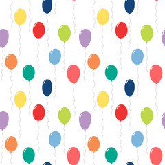 Hand drawn seamless vector pattern with colorful flying balloons, on a white background. Design concept for birthday party, celebration, kids textile print, wallpaper, wrapping paper.