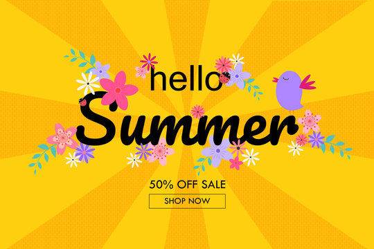 Hello summer sale banner retro floral style.