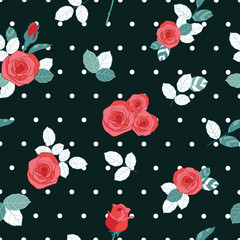 Vector floral seamless repeat pattern background texture. Illustration of rose with leaves and dots for invitations card, wallpaper or fabric