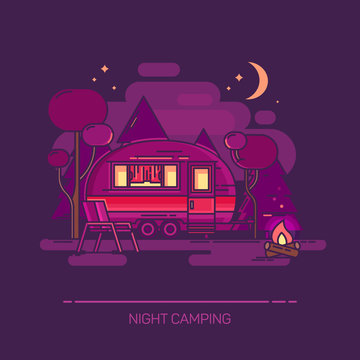 Outdoor view on cartoon trailer at night camping