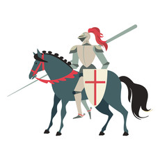 Armoured medieval knight riding on a horse with spear and shield. Flat vector illustration isolated on white background.