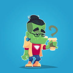hipster frankenstein with glasses and coffee funny monster sticker vector illustration cartoon