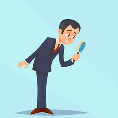 Happy Businessman looking through magnifying glass, focusing. Great for presentation vector illustration cartoon.
