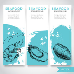 Seafood banner with watercolor blue background and hand drawn food. Sketch fresh shrimp, oyster and mussel shell. restaurant and fish market template. Vector illustration.