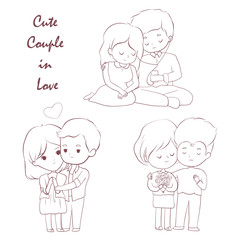 Vector illustration of cute couple in love in line sketch on white background