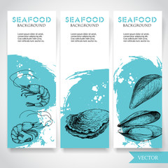 Seafood banner with watercolor blue background and hand drawn food. Sketch fresh shrimp, oysters and mussel shell. Restaurant and fish market template. Vector illustration.