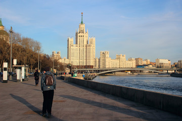  View of the skyscraper on Kotelnicheskaya Embankment in the spring season..