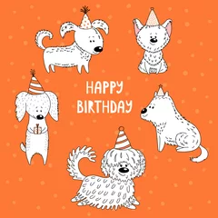 Sierkussen Hand drawn vector illustration with different cute funny cartoon dogs in party hats, text Happy Birthday. Isolated balck and white objects. Design concept for children, celebration. © Maria Skrigan