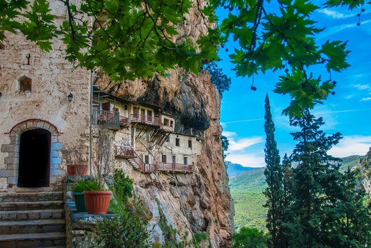 Prodromos monastery in Arcadia prefecture in Peloponnese Greece. The monastery is built in the 16th century on a huge vertical rock inside Lousios river gorge 