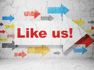 Social media concept:  arrow with Like us! on grunge textured concrete wall background, 3D rendering
