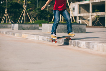 Skateboarder riding skateboard going down the step © lzf