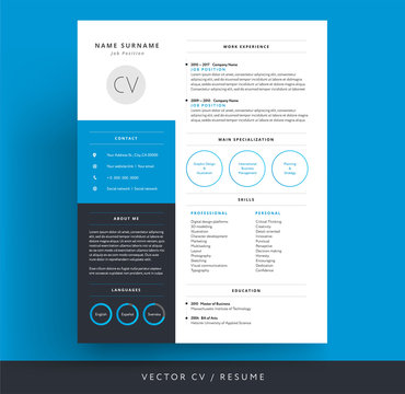 Blue CV / resume template background color minimalist vector cv