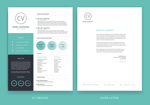Elegant CV / resume template teal green background color minimalist vector	