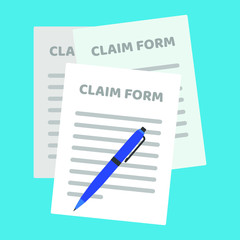 3 paper sheets with claim form to fill out and text on it and pen flat style design isolated on light blue background vector illustration