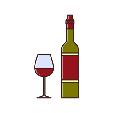 Wine tasting is a laconic emblem in a linear flat style. Bottle and a glass with red wine digital stamp.