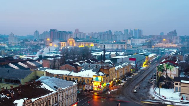 Kyiv, Ukraine. Aerial view of main Railway station in Kyiv, Ukraine in the morning. Time-lapse with cloudy sky at sunrise