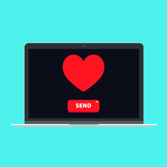 Modern device - laptop, computer or netbook pc flat design with heart and button send on the screen icon vector illustration. Technology concept of romance and love sign isolated on blue background.