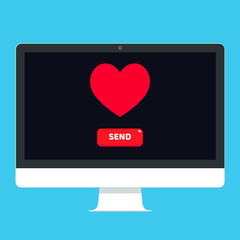 Modern device - computer or All in one  pc flat design with heart and button send on the screen icon vector illustration. Technology concept of online romance and love sign isolated on blue background