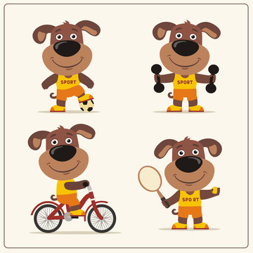 Set of funny puppy dog is engaged in sports. Collection of cartoon puppy dog of the sportsman: football player, with dumbbells, bicyclist, tennis player.