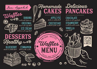 Fototapeta premium Waffles and crepes restaurant menu. Vector pancake food flyer for bar and cafe. Design template with vintage hand-drawn illustrations.