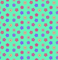 Hand drawn seamless vector pattern with different flowers, on a green background. Design concept for summer, spring, kids textile print, wallpaper, wrapping paper.
