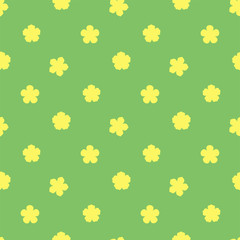 Hand drawn seamless vector pattern with yellow flowers, on a green background. Design concept for summer, spring, kids textile print, wallpaper, wrapping paper.