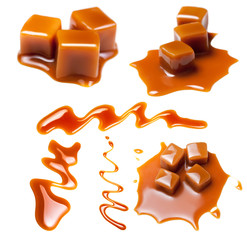 Caramel with sauce. Golden Butterscotch toffee candy caramels. Sweets  with copy space, macro.