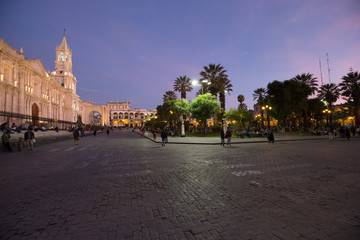 AREQUIPA PERU NOVEMBER 9: Main square of Arequipa with church on november 9 2015 in Arequipa Peru. Arequipa's Plaza de Armas is one of the most beautiful in Peru.