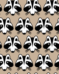 Seamless background with raccoon muzzles. Cute cartoon raccon faces background. Vector illustration