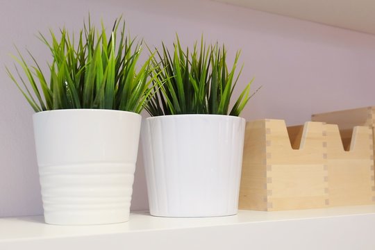 Green Artificial Plants with Wooden Storage