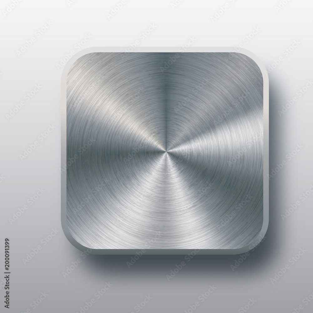 Poster metal blank button template with chrome texture, realistic shadow and light background for web user 