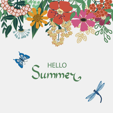 Beautiful Floral Hello Summer Poster with flowers, leaves, butterfly, dragonfly.